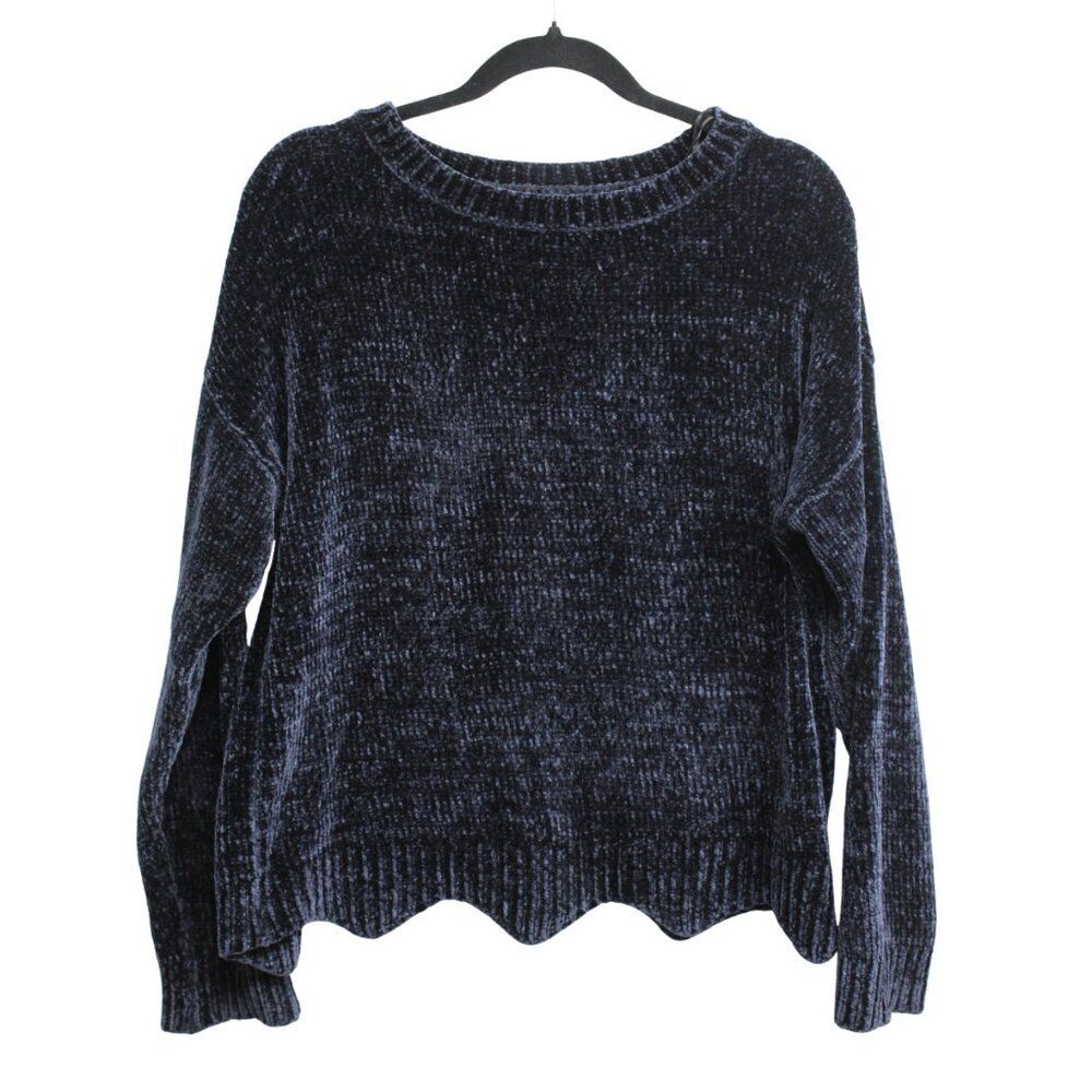 Love Tree Blue Chenille Scalloped Hem Crewneck Sweater Soft Cozy Warm Size M